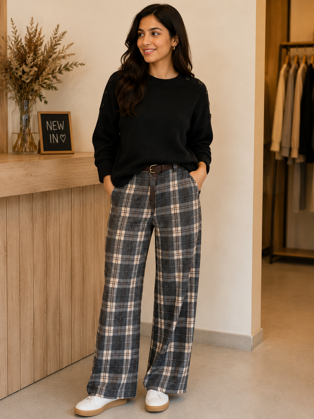 Wide Leg Check Trouser