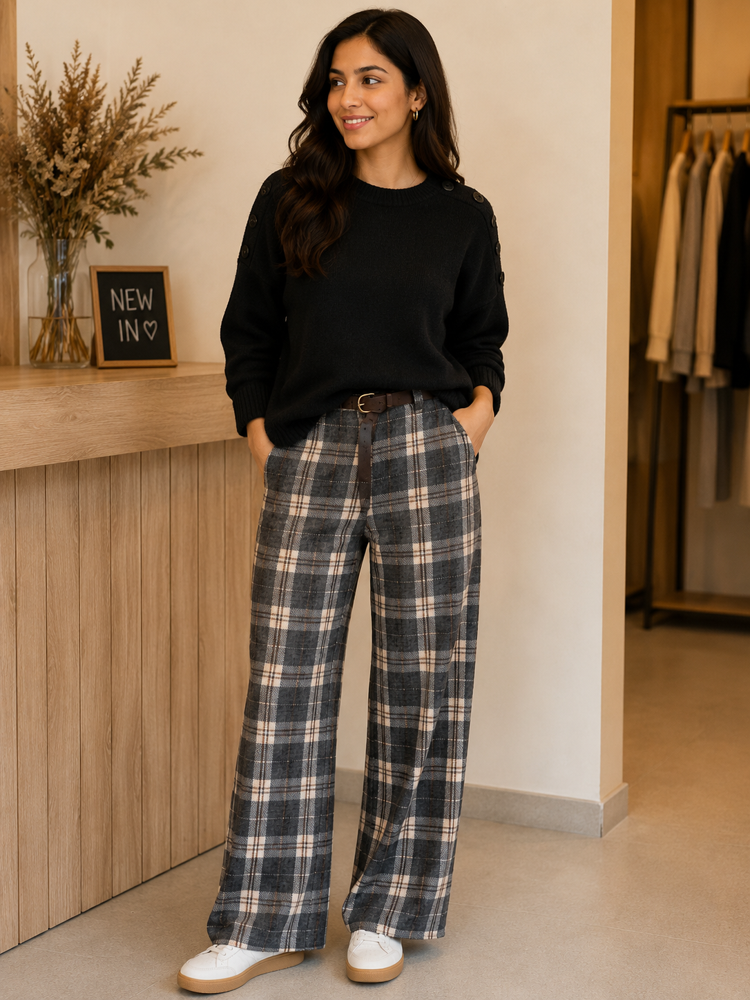 Wide Leg Check Trouser