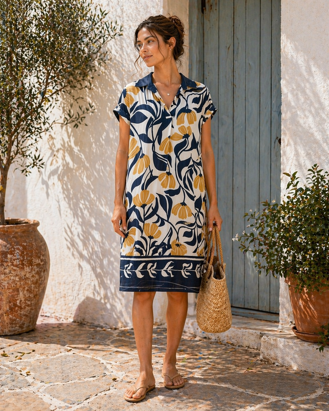 Tulip pattern short sleeve collar dress