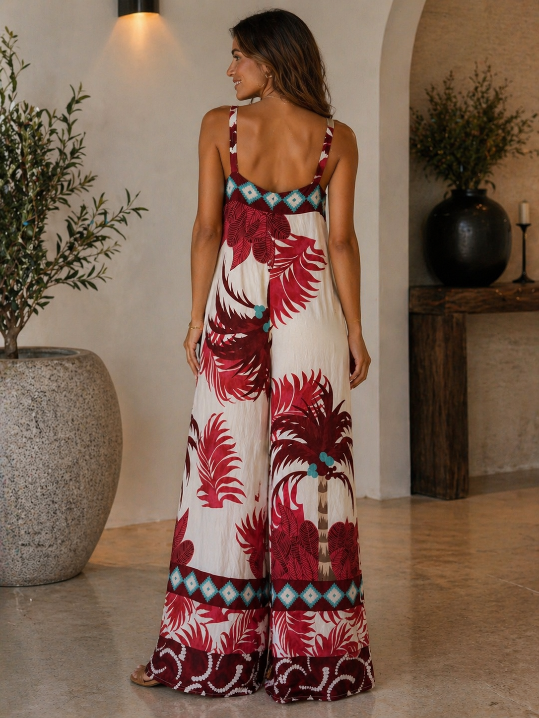 Wide Leg Tropical Print Strappy Jumpsuit