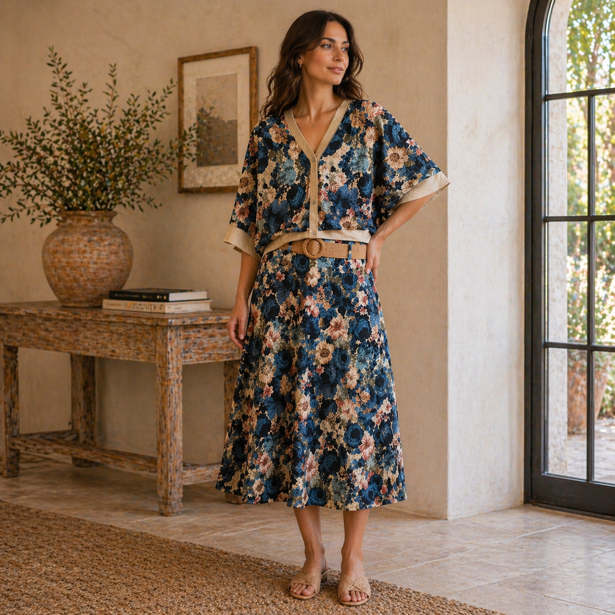 Flower Pattern Matching Skirt & Cardigan Coord