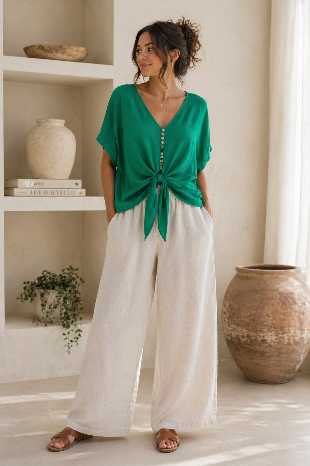 V Neck Button Detail Front Tie Coord