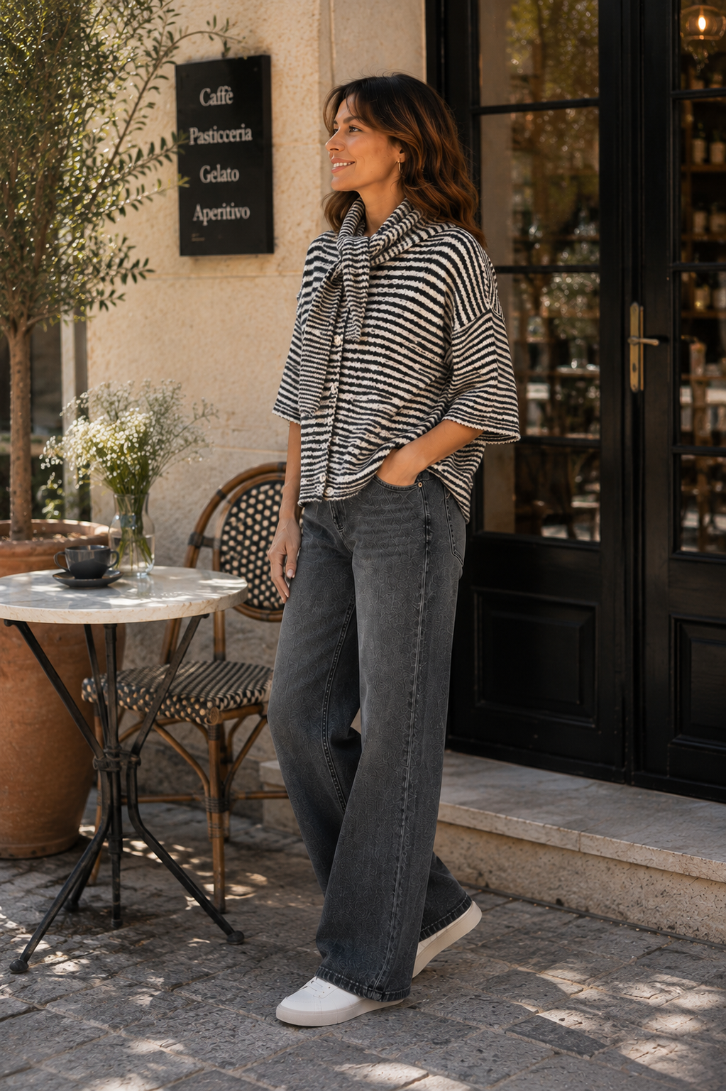 Tie Neck Fine Stripe Cardigan