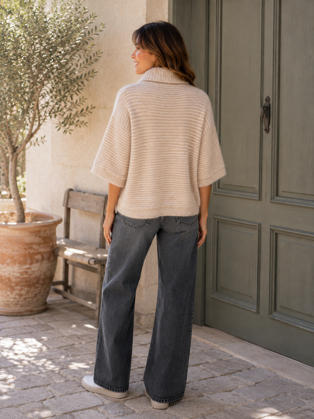 Tie Neck Fine Stripe Cardigan