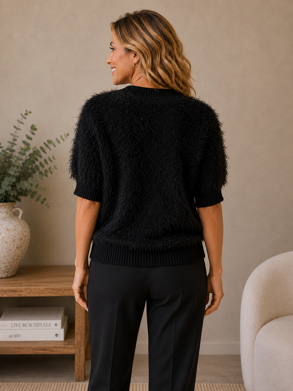 Short Sleeve Fluffy Knit V neck Jumper