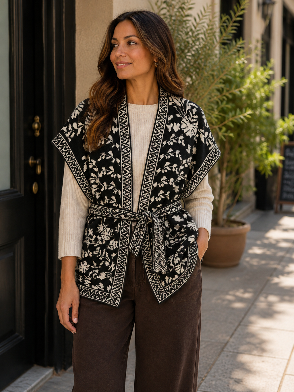 Monochrome Floral Tie Cardigan