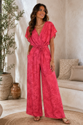 Pattern Wrap Short Sleeve Jumpsuit