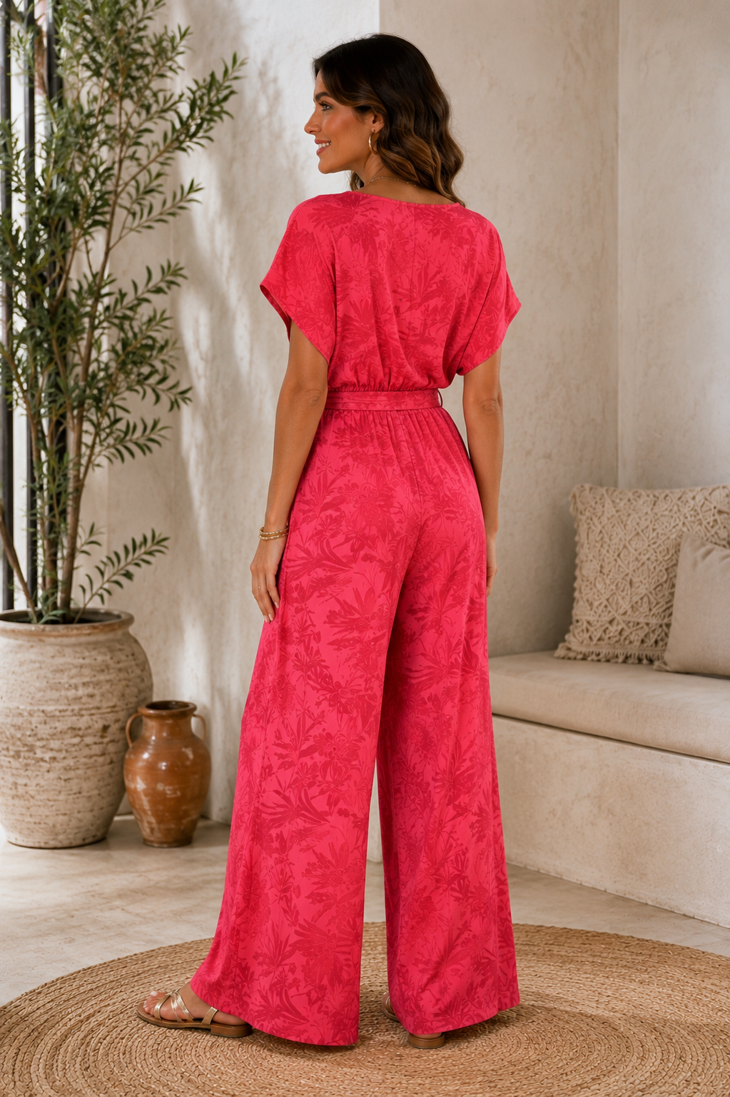 Pattern Wrap Short Sleeve Jumpsuit