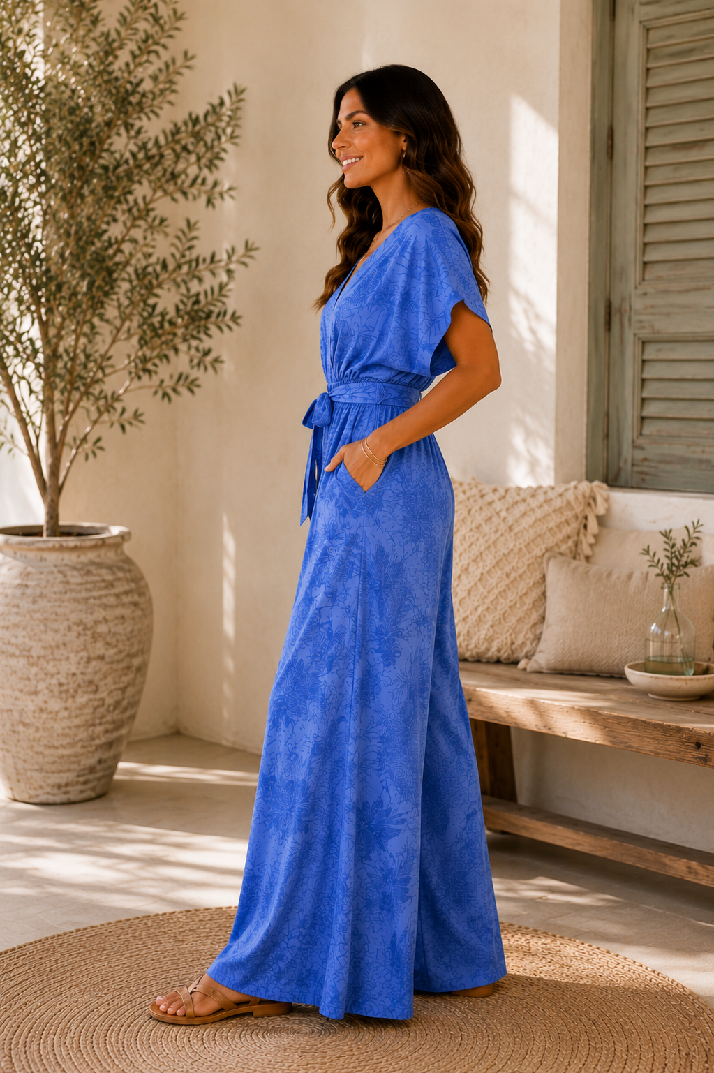 Pattern Wrap Short Sleeve Jumpsuit
