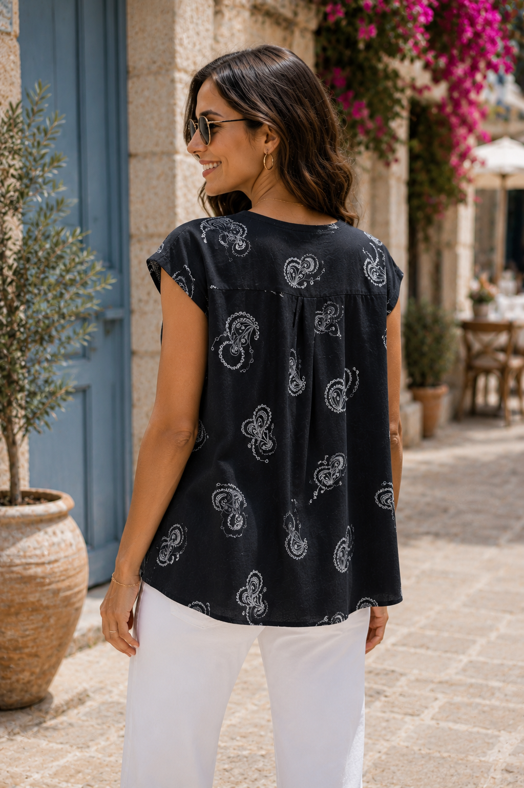Short Sleeve Paisley V neck Blouse
