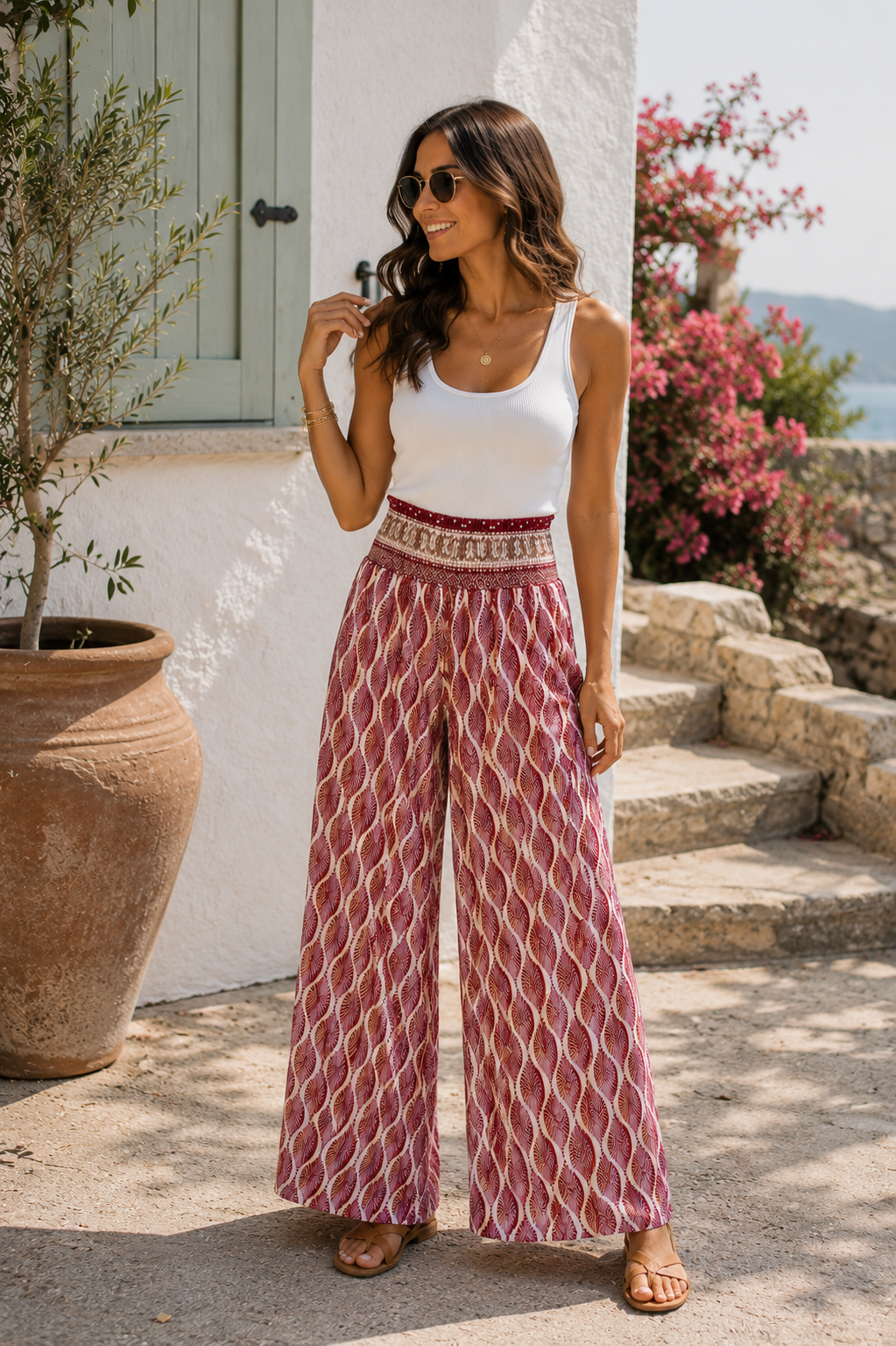 Patterned Paperbag Wide Leg Trouser