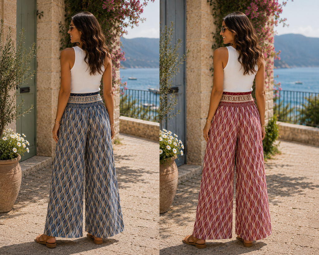 Patterned Paperbag Wide Leg Trouser