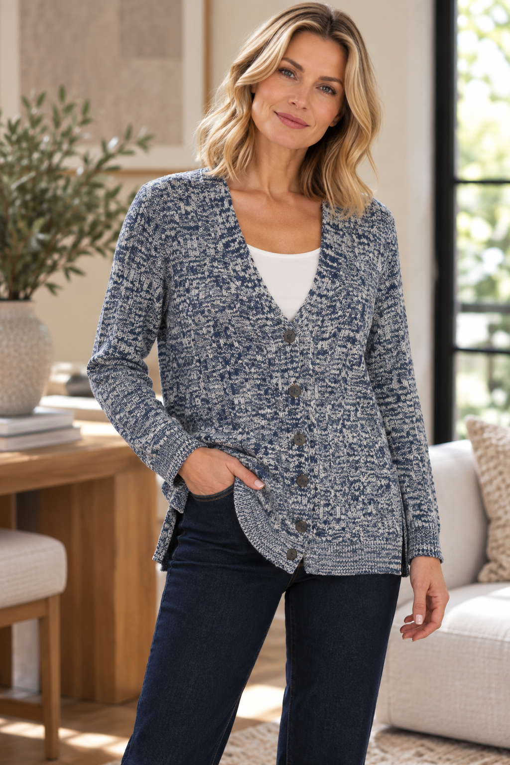 Cable V Neck Button Up Cardigan