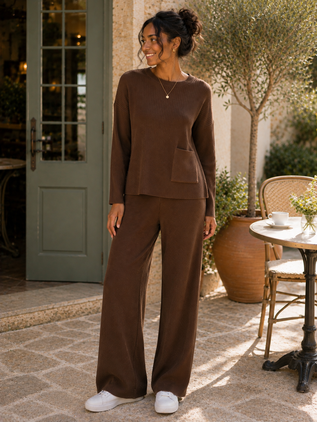 Pocket Ribbed Round Neck Jumper
