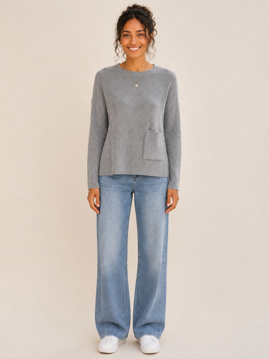 Pocket Ribbed Round Neck Jumper