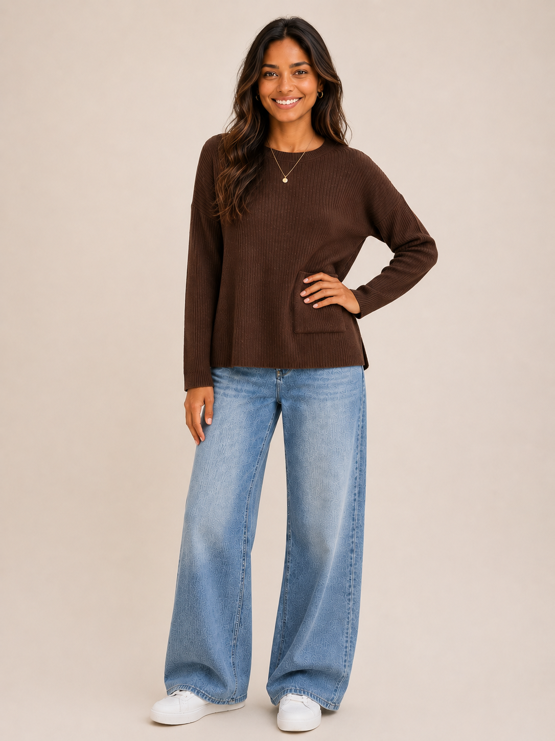 Pocket Ribbed Round Neck Jumper