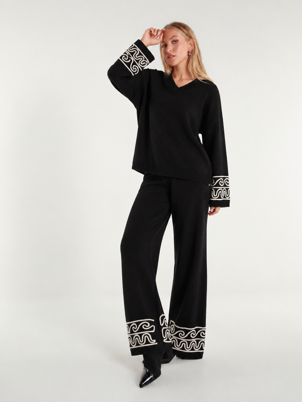 Embroidered Trim Contrast Coord - Jumper + Trouser
