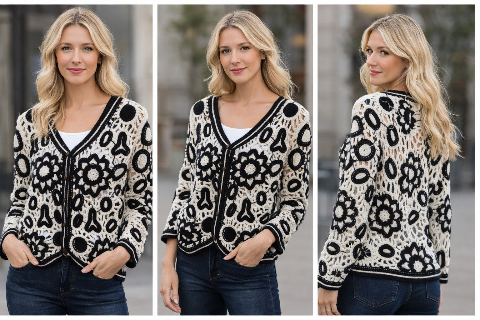 Crochet Knitted Flower Button Cardigan