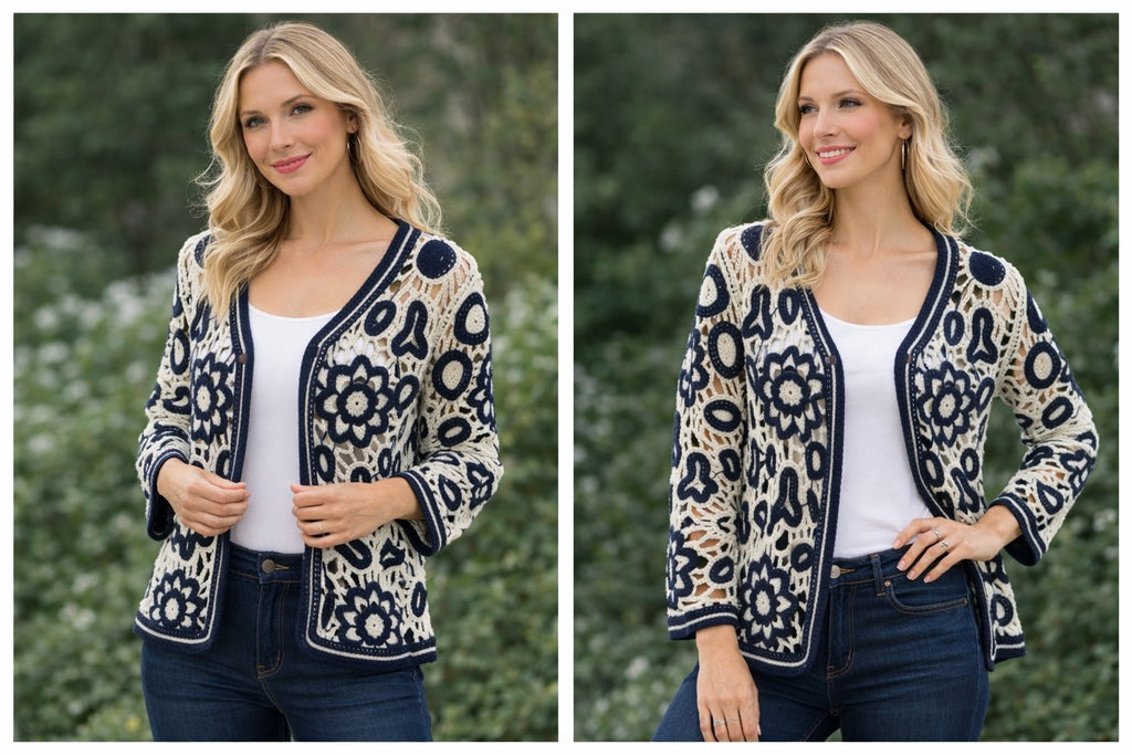 Crochet Knitted Flower Button Cardigan