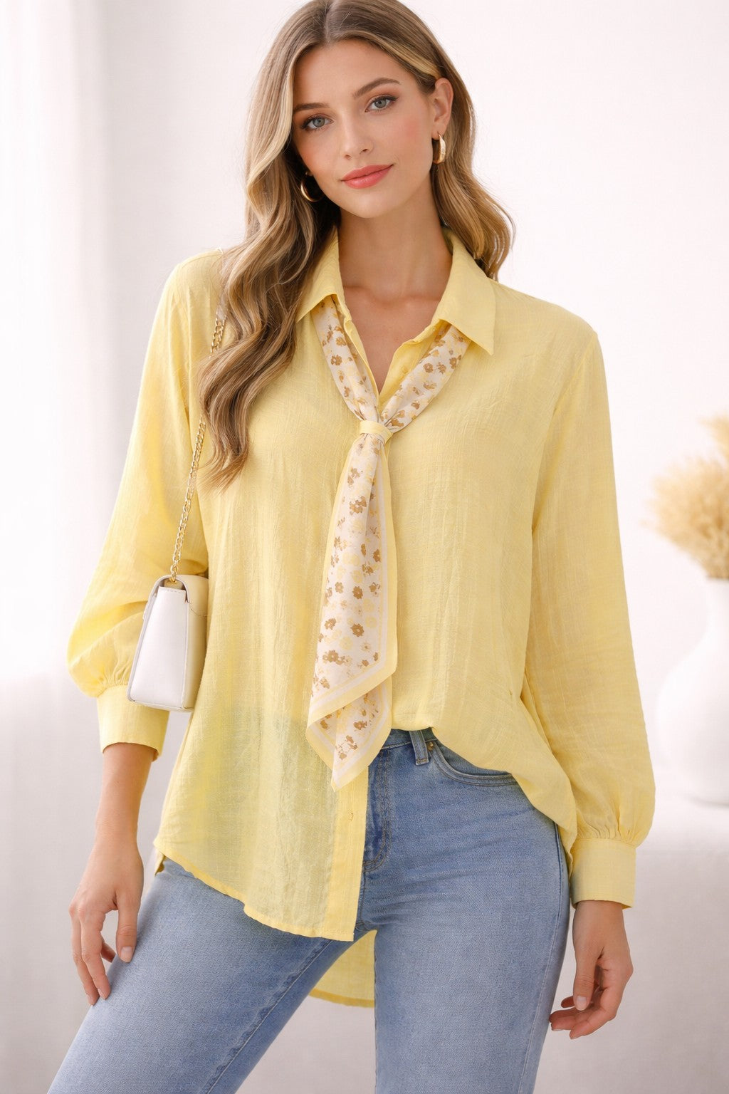 Long Sleeve Blouse with Patterned Scarf
