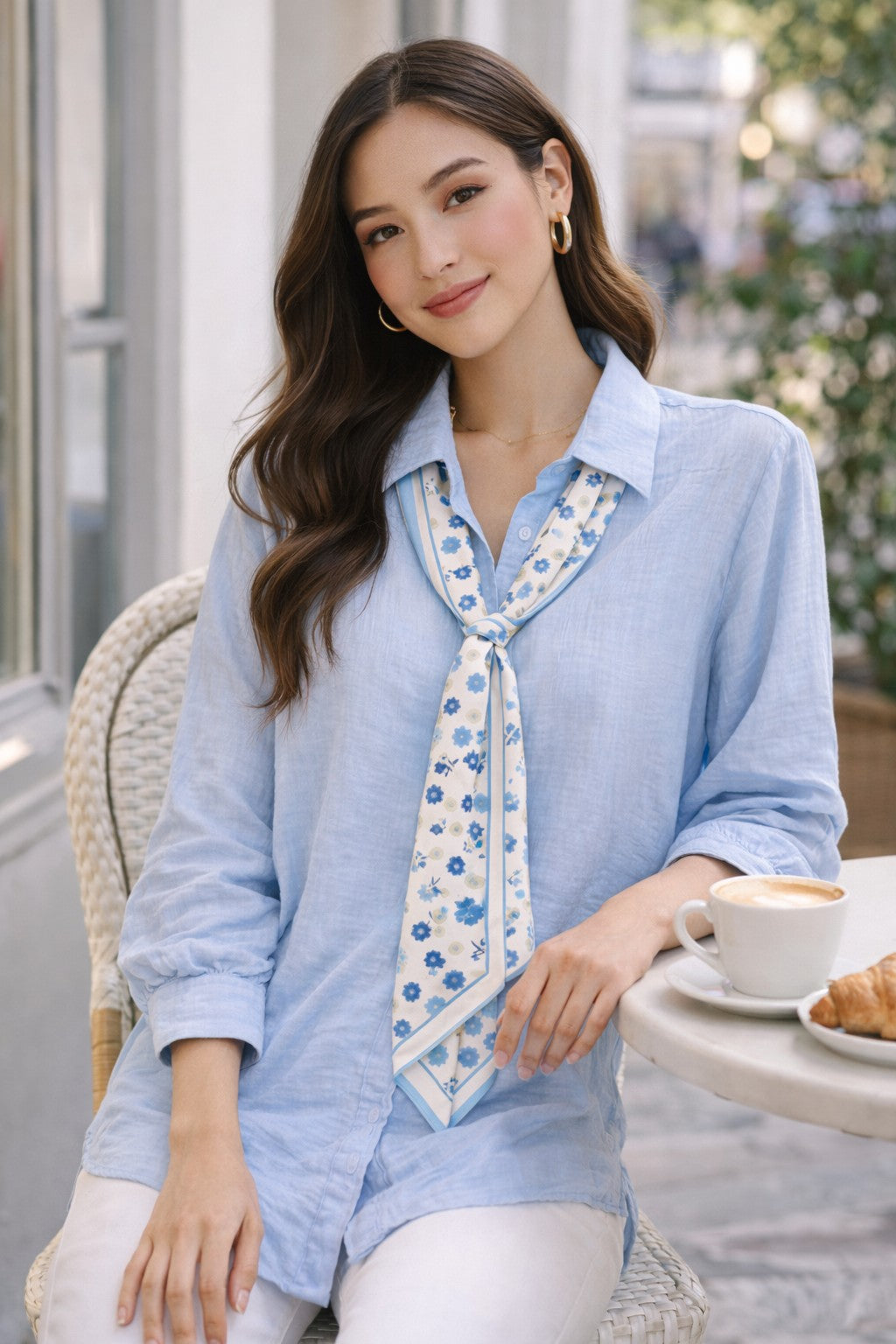 Long Sleeve Blouse with Patterned Scarf