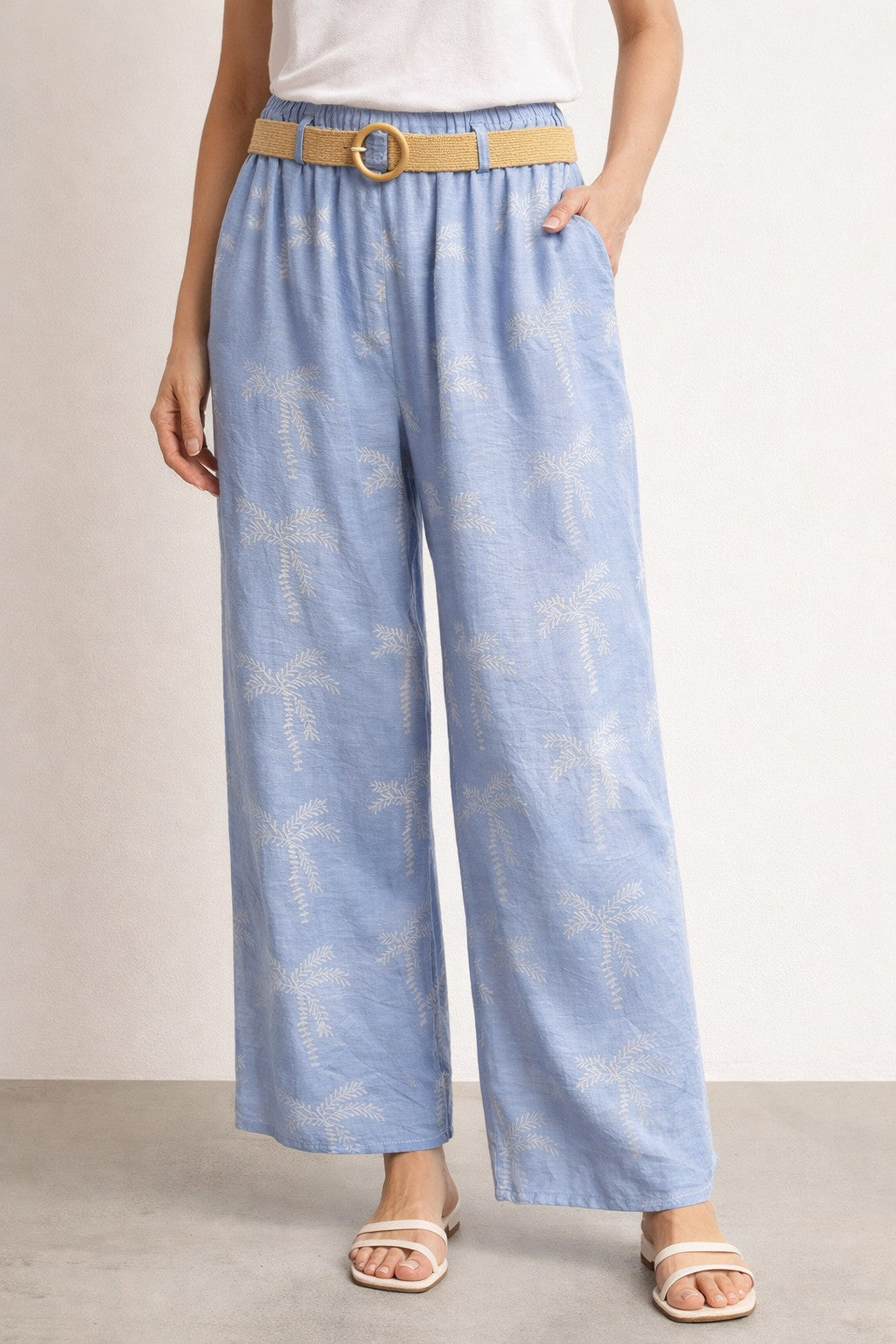 Palm Print Wide Leg Trousers
