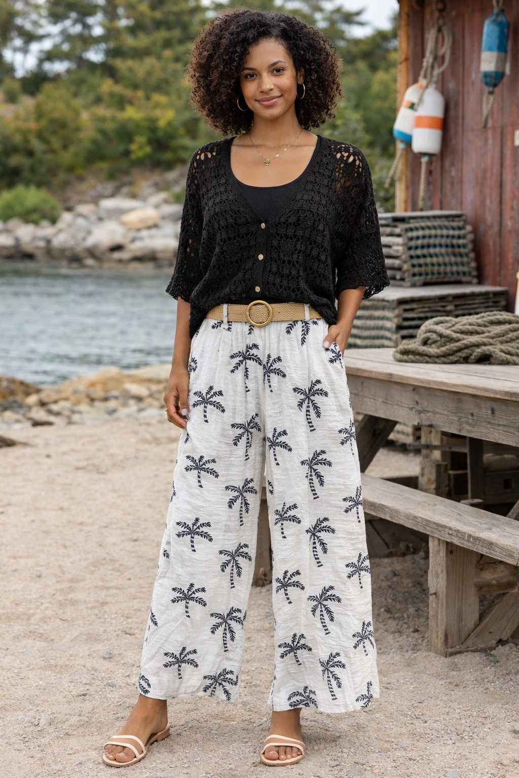 Palm Print Wide Leg Trousers