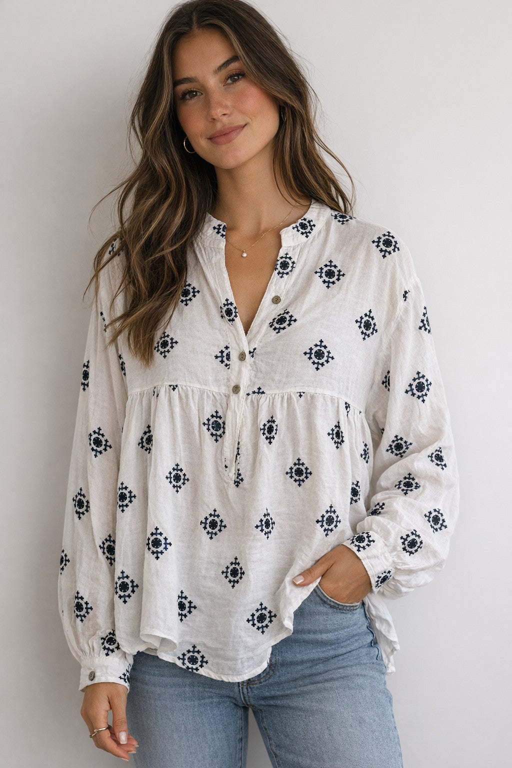 Patterned V Neck Swing Top