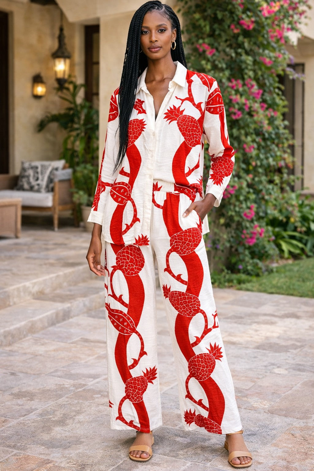 Placed Print Trouser Blouse Coord Set