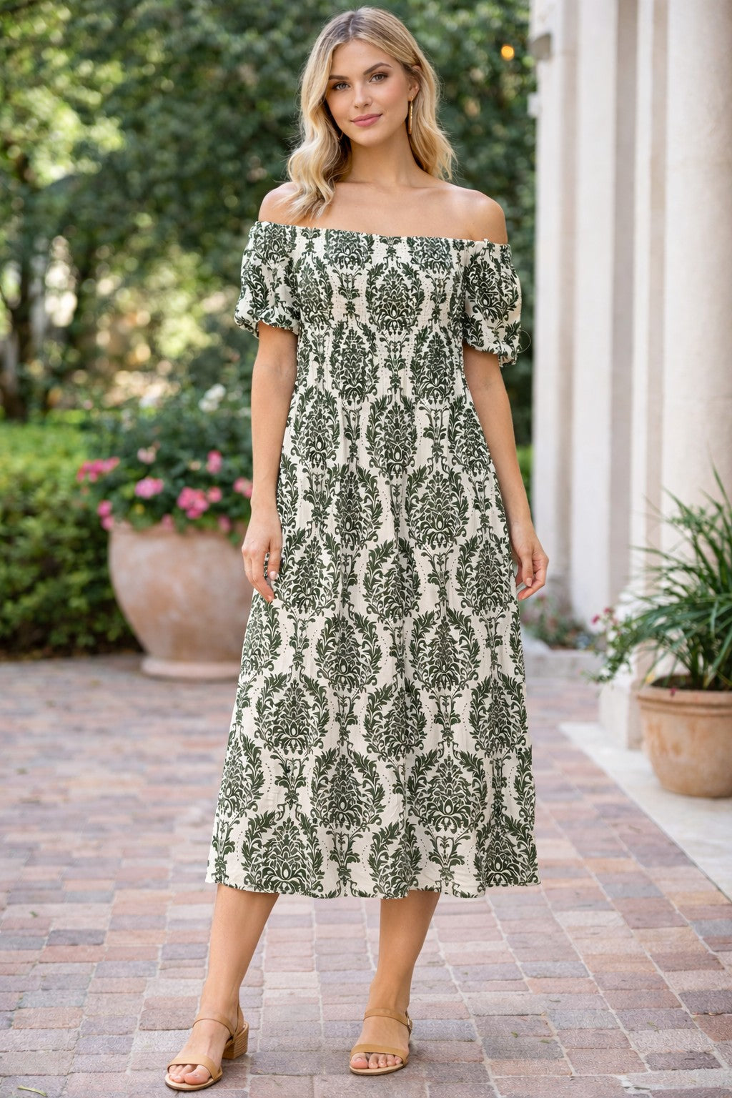 Shirred Short Sleeve Patterned Dress