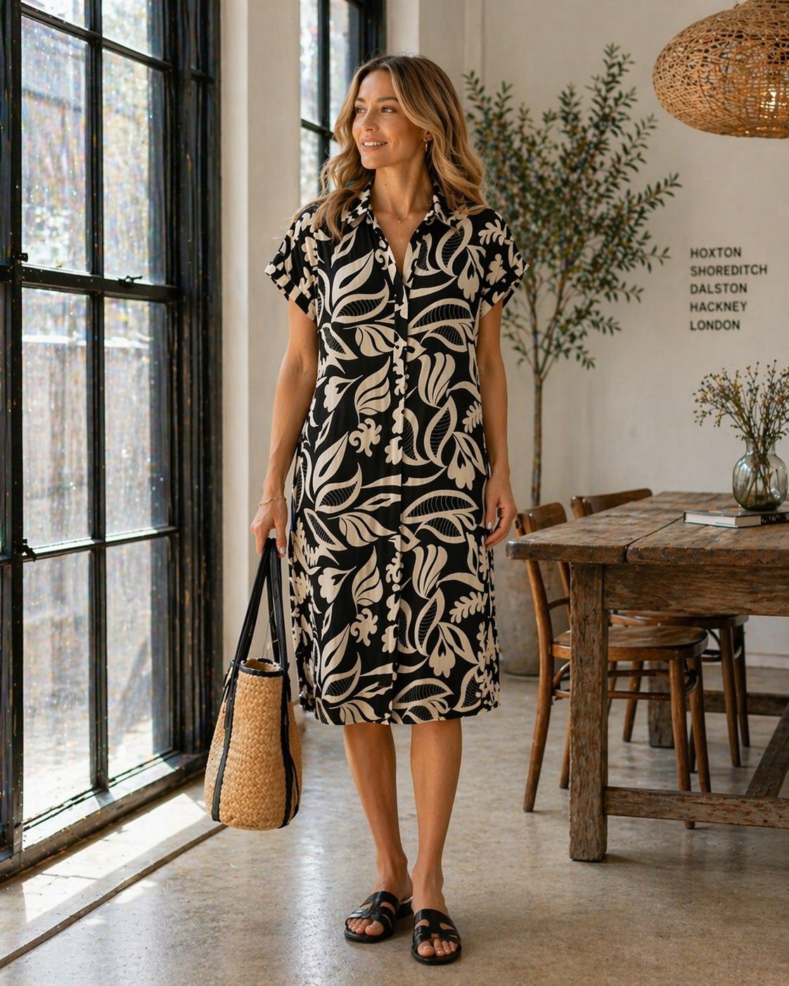 Leaf Pattern Short Sleeve Collar Dress