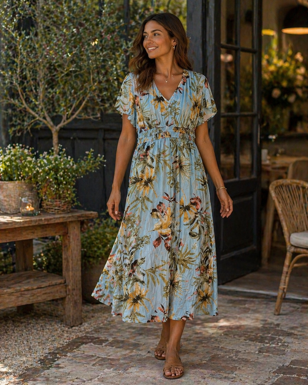 Tropical Leaf V-neck Midaxi Dress