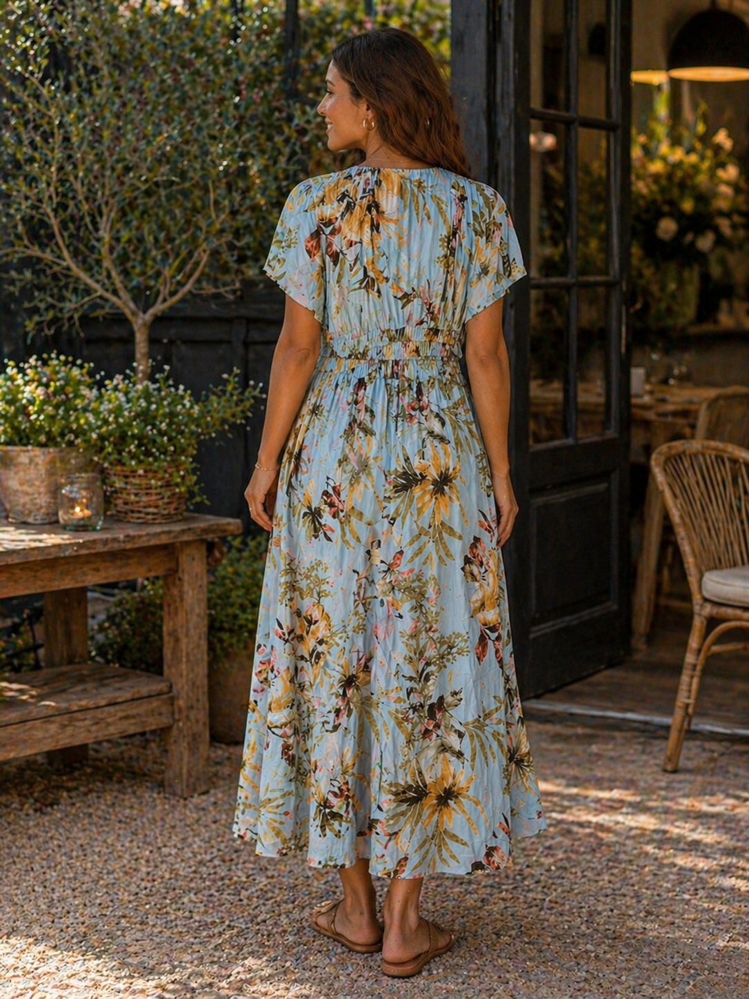 Tropical Leaf V-neck Midaxi Dress
