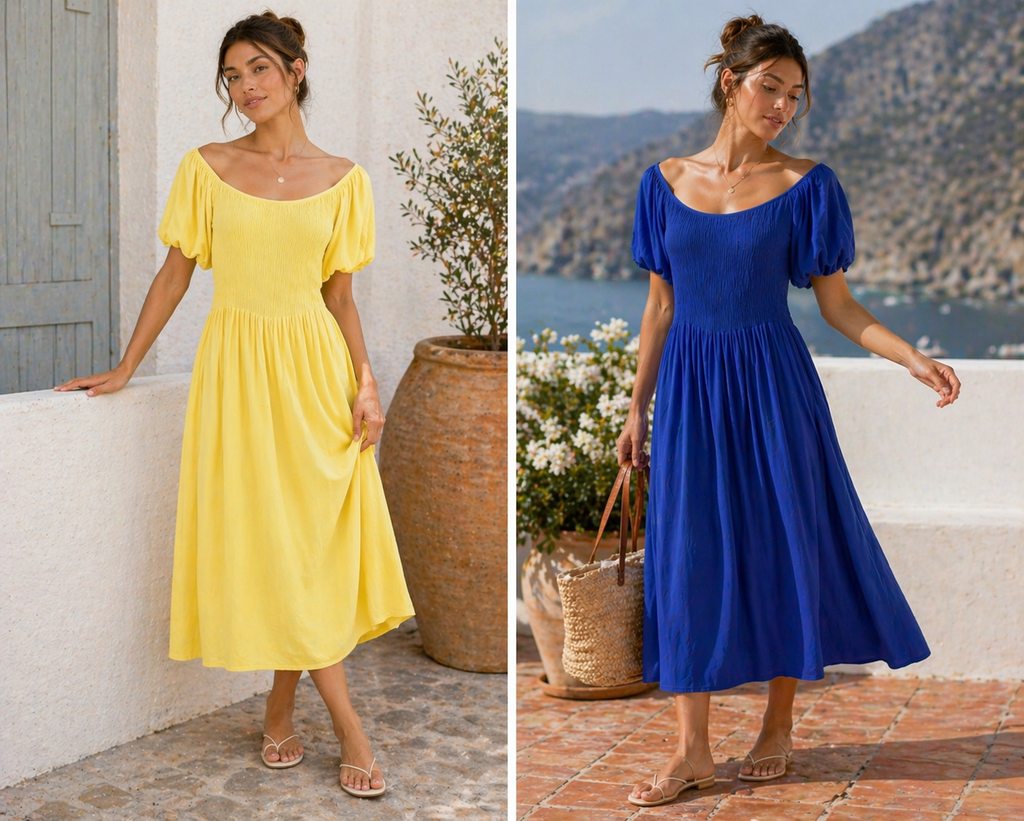 Puff Short Sleeve Shirred Dress