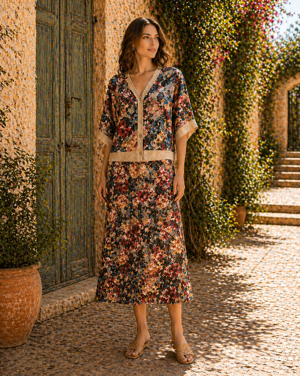Flower Pattern Matching Skirt & Cardigan Coord