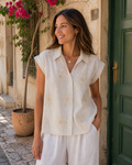 Sleeveless Linen Look Flower Blouse
