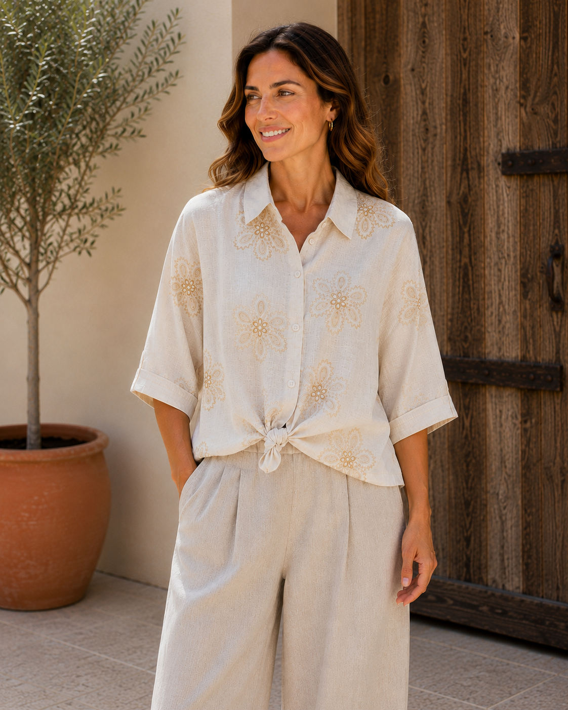 Linen Look Front Tie Top Blouse