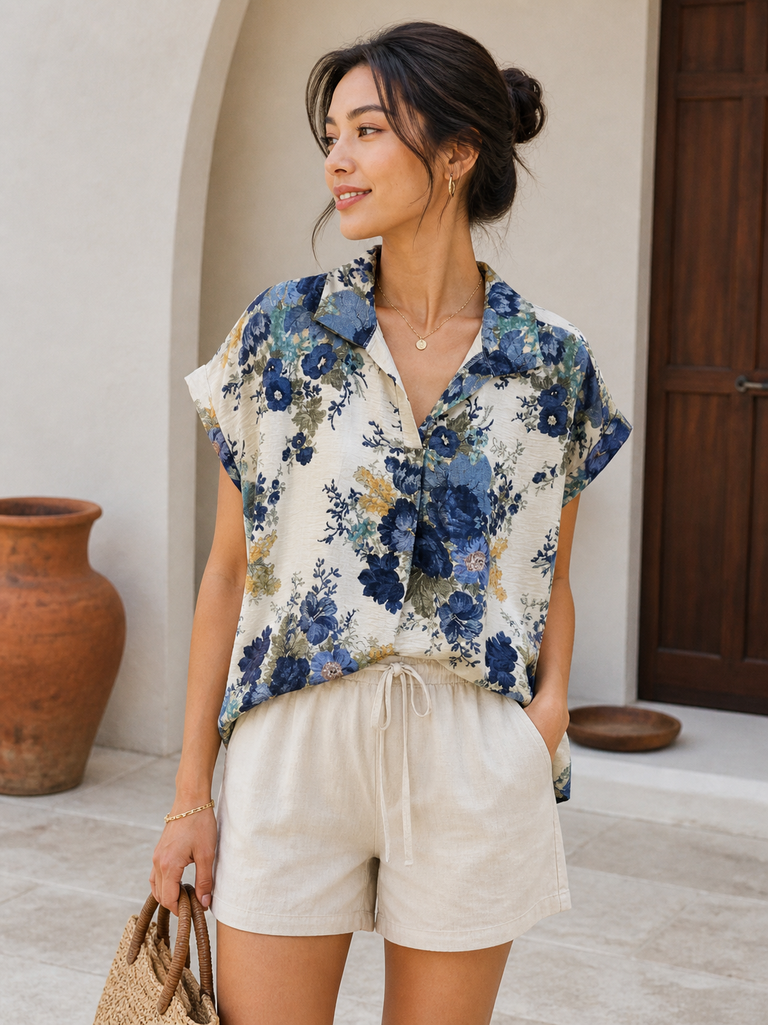 Open Collar Flower Pattern Blouse