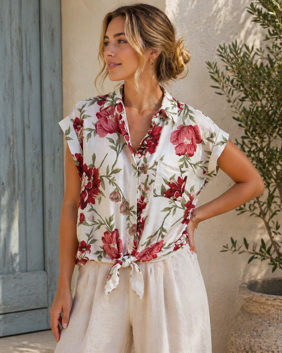Flower Front Tie Blouse