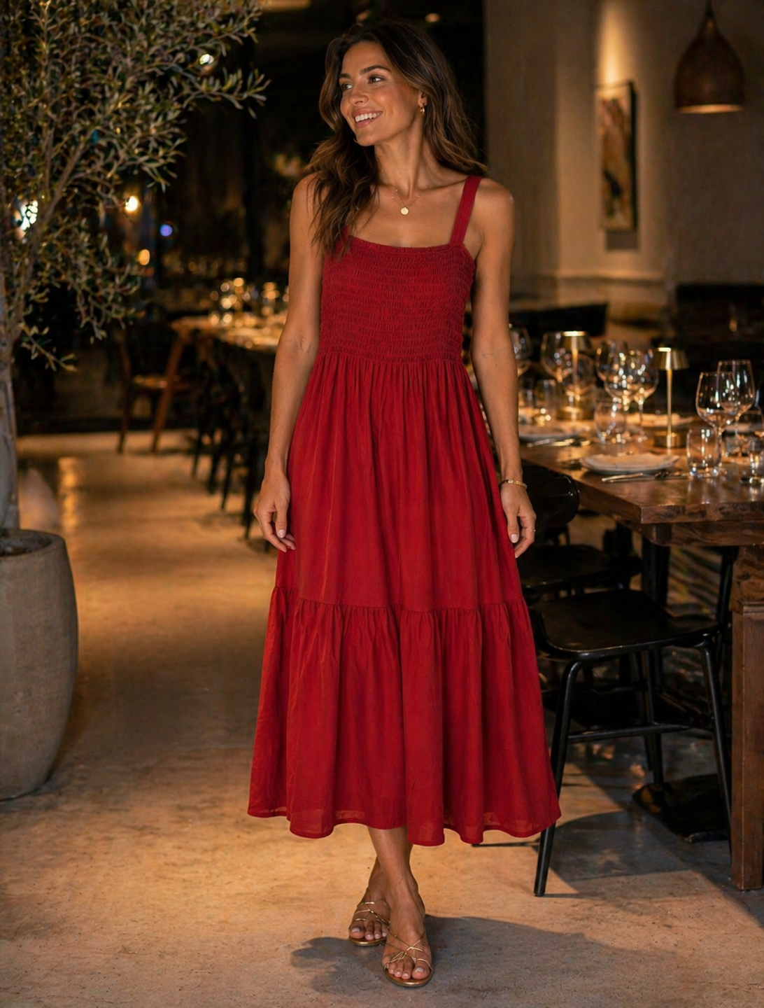 Strappy Shirred Tiered Dress