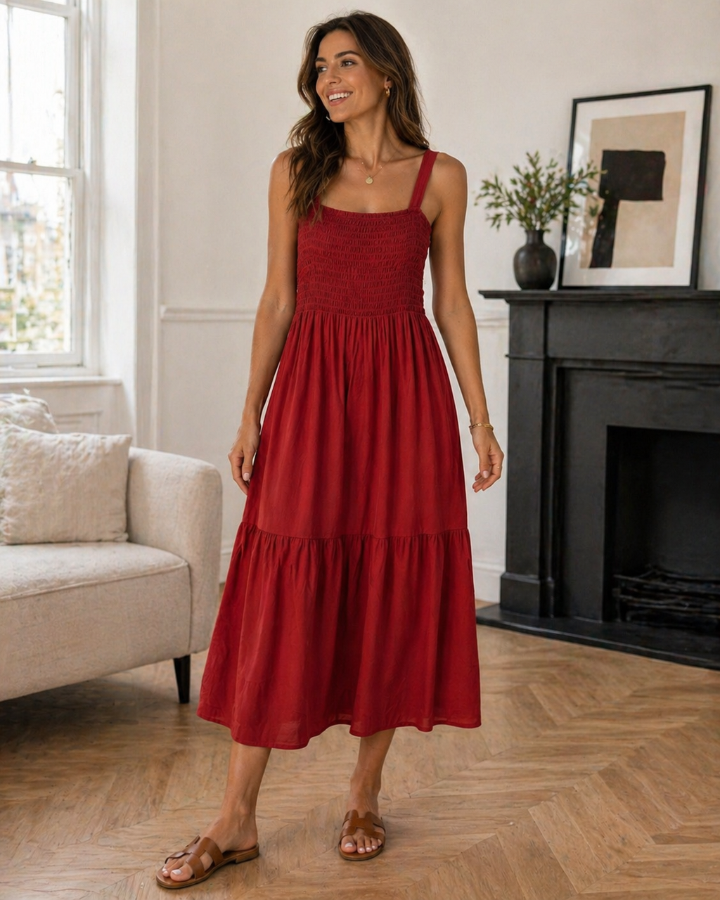 Strappy Shirred Tiered Dress